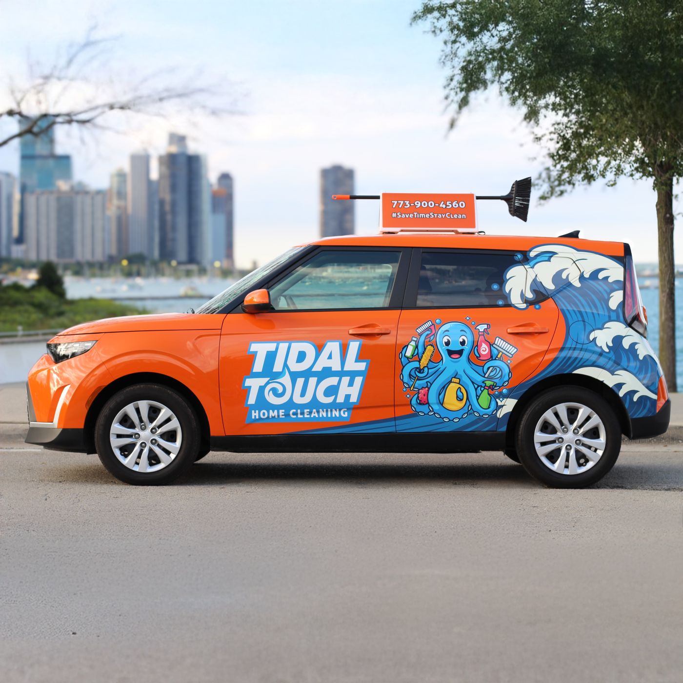 Tidal Touch Home Cleaning company car with logo and octopus branding in Chicago